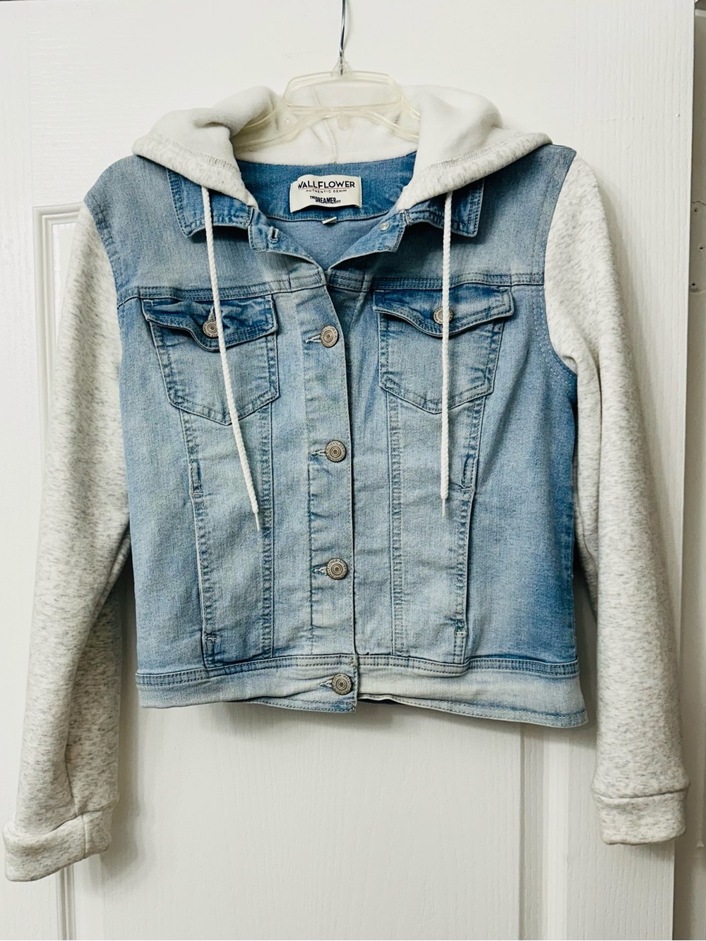 Wallflower Light Blue Denim Jacket with Gray Hoodie Sleeves
